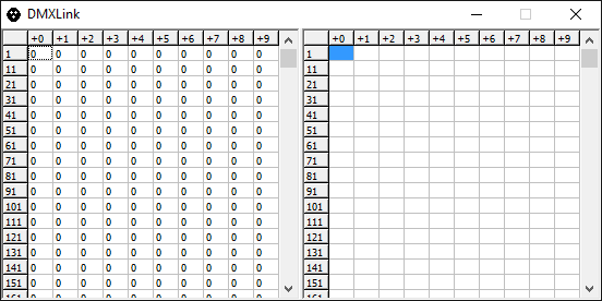 Screenshot from DMXLink application with DMX-in and DMX-out values preview